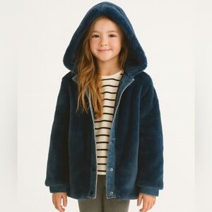 Stella McCartney Kids NWT Treasure Faux Fur Hooded Blue Denim Button Front Coat